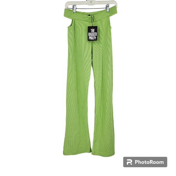 The Ragged Priest Pants Green Rib Jersey Cut Out Flare Leg Stretch NWT Size 12 - Picture 1 of 8
